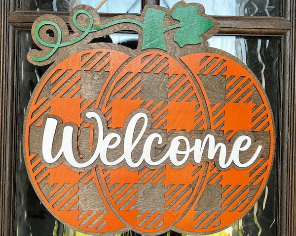 Plaid Welcome Pumpkin Door Hanger