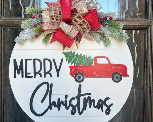 Red Truck Merry Christmas Door Hanger